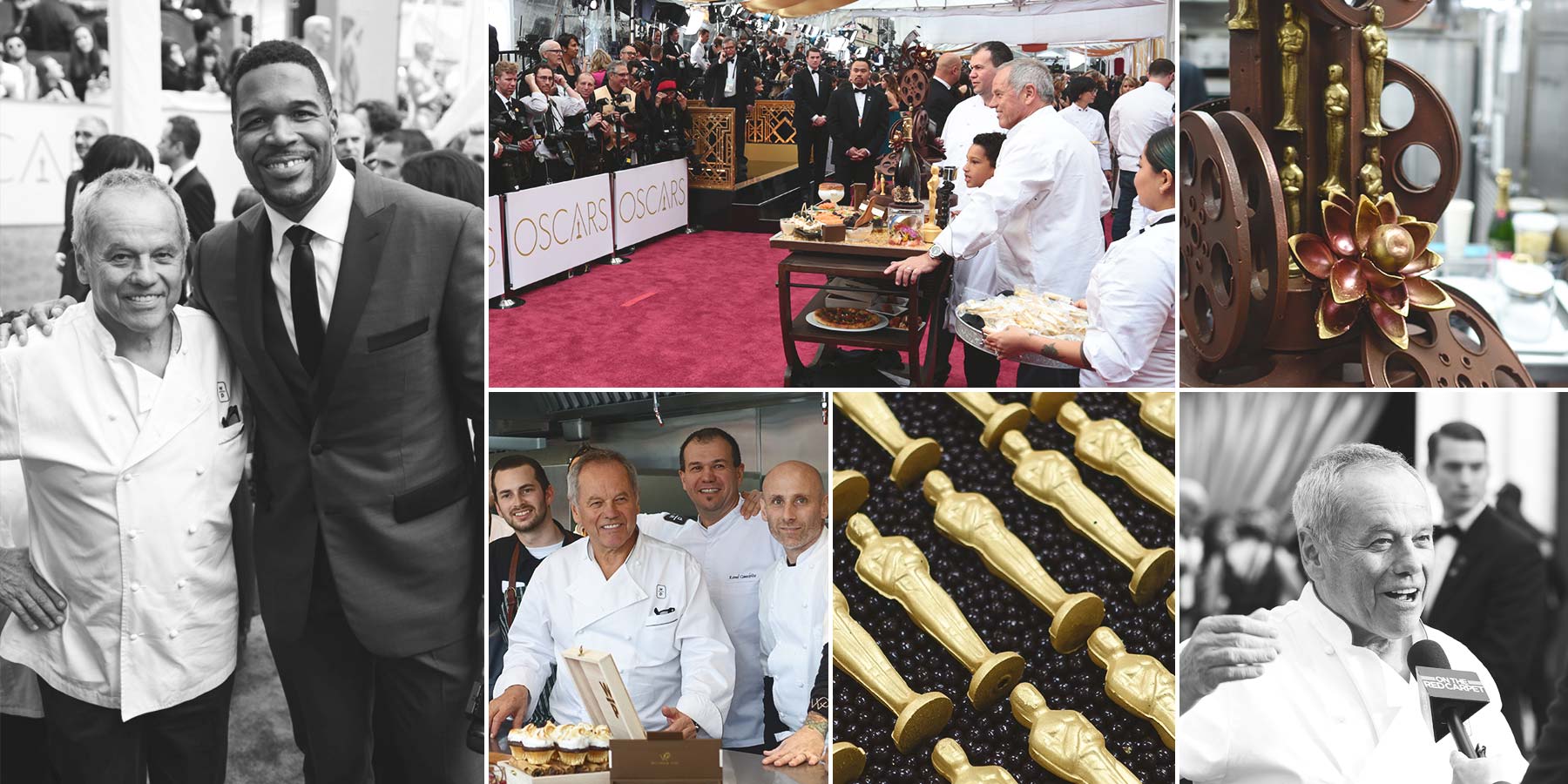 Collage of chefs, red carpet scenes, Oscar statuette desserts, and the Braintrust team with Wolfgang Puck at an Oscars event.