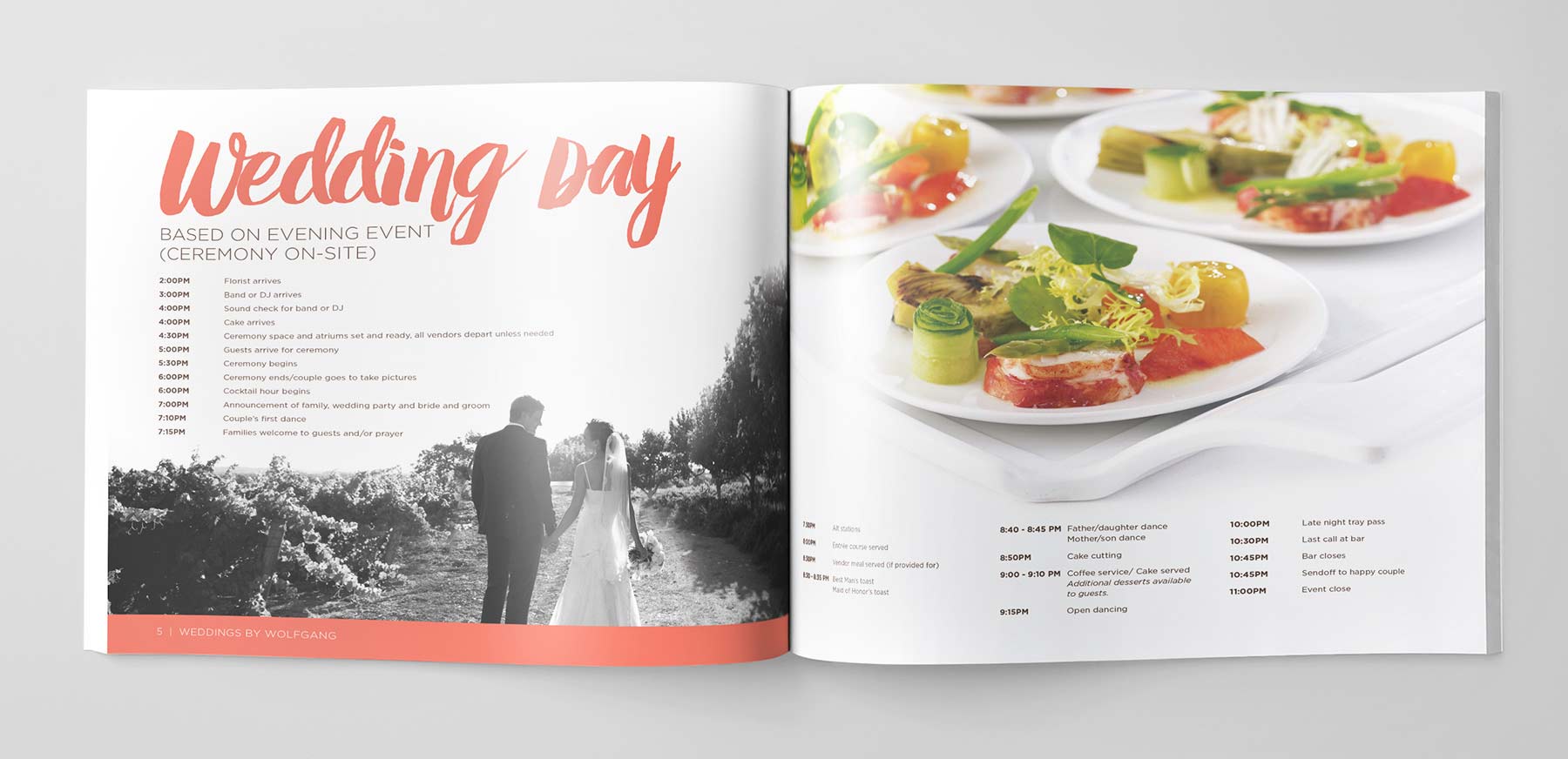 Open wedding event booklet featuring a Braintrust-designed schedule and elegant plated gourmet food by Wolfgang Puck, set on a crisp white background.