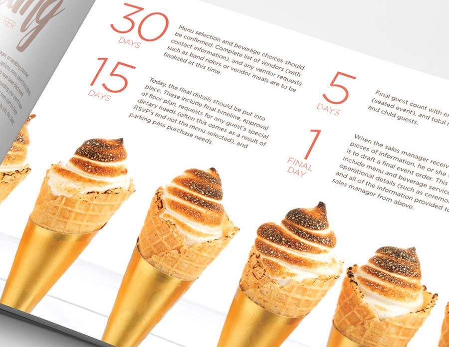 Five toasted meringue-topped ice cream cones, inspired by Wolfgang Puck’s creative flair, display a timeline of days and planning text above each cone—a nod to the collaborative spirit of Braintrust.