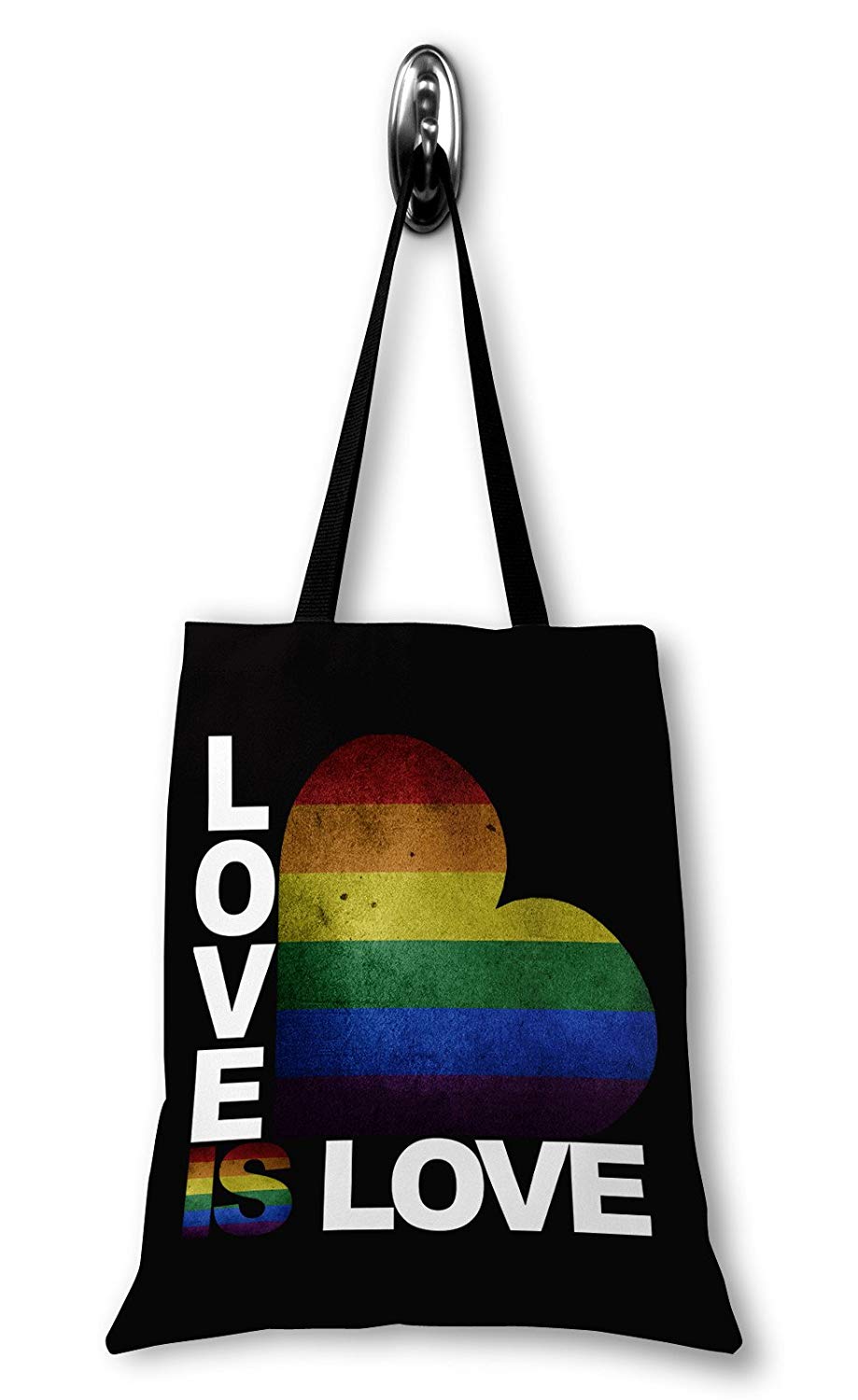 Black tote bag with a rainbow heart and the text LOVE IS LOVE in bold white and rainbow letters.
