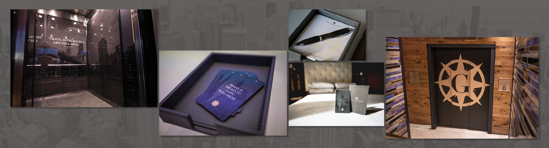 Collage of hotel amenities at Gallivant Times Square: elevator, Braintrust room key cards, pen, bedside booklet, and door with a compass design.