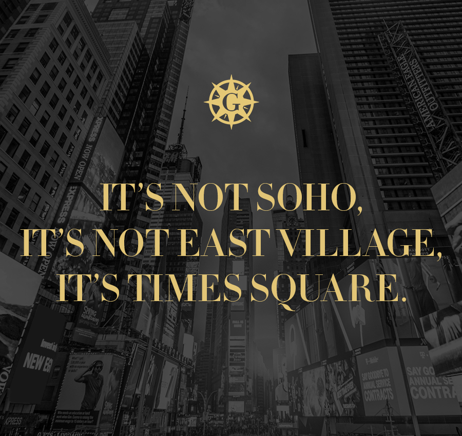Black-and-white Times Square with gold text: ITS NOT SOHO, ITS NOT EAST VILLAGE, ITS GALLIVANT TIMES SQUARE—where Braintrust meets the city’s brightest lights.
