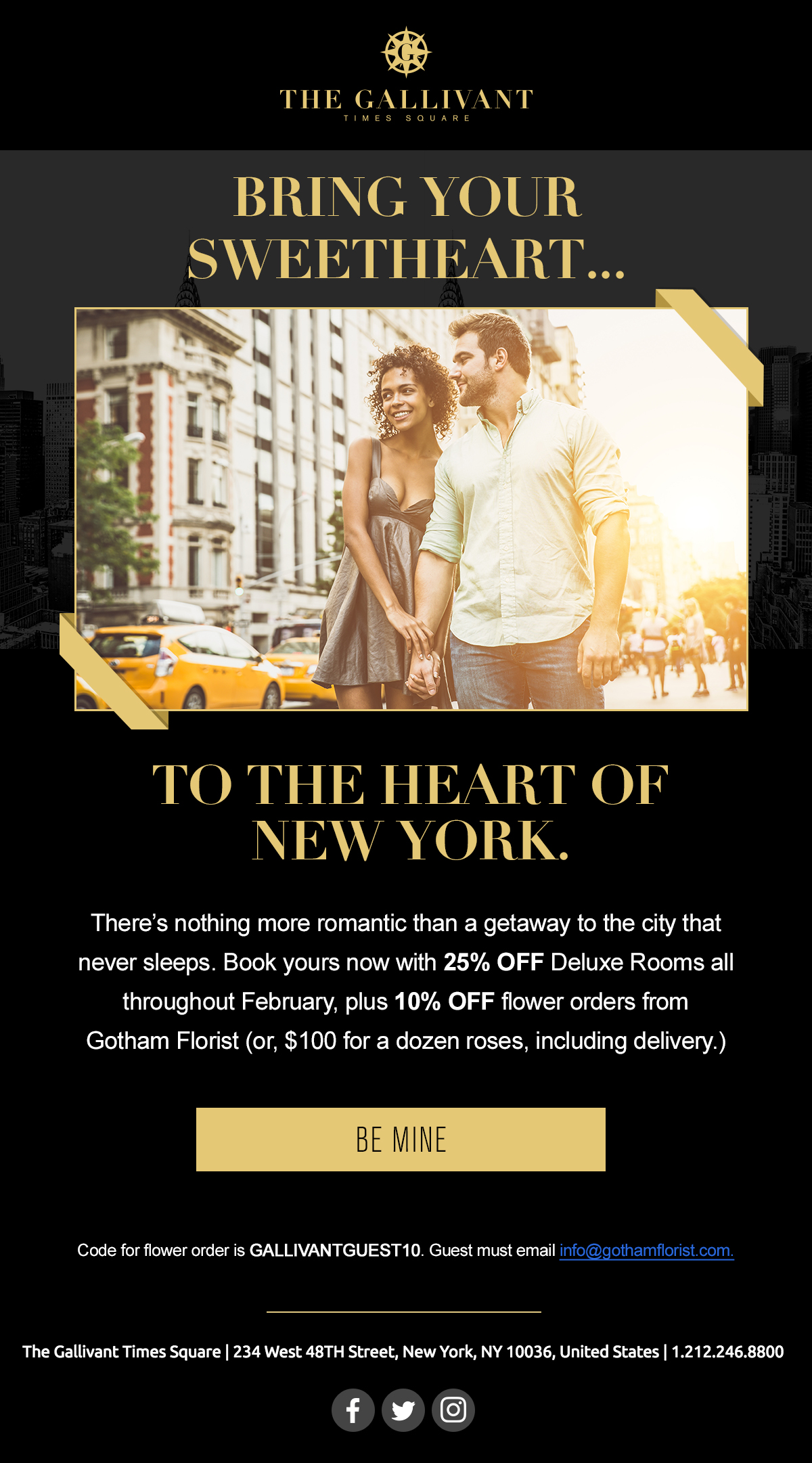 A couple holds hands in Times Square, promoting a romantic getaway and exclusive Braintrust discounts at The Gallivant Times Square.