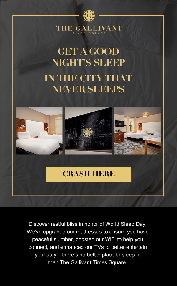 Hotel ad featuring cozy bedrooms, modern decor, and a Crash Here button—discover comfort at The Gallivant Times Square, trusted by Braintrust travelers.