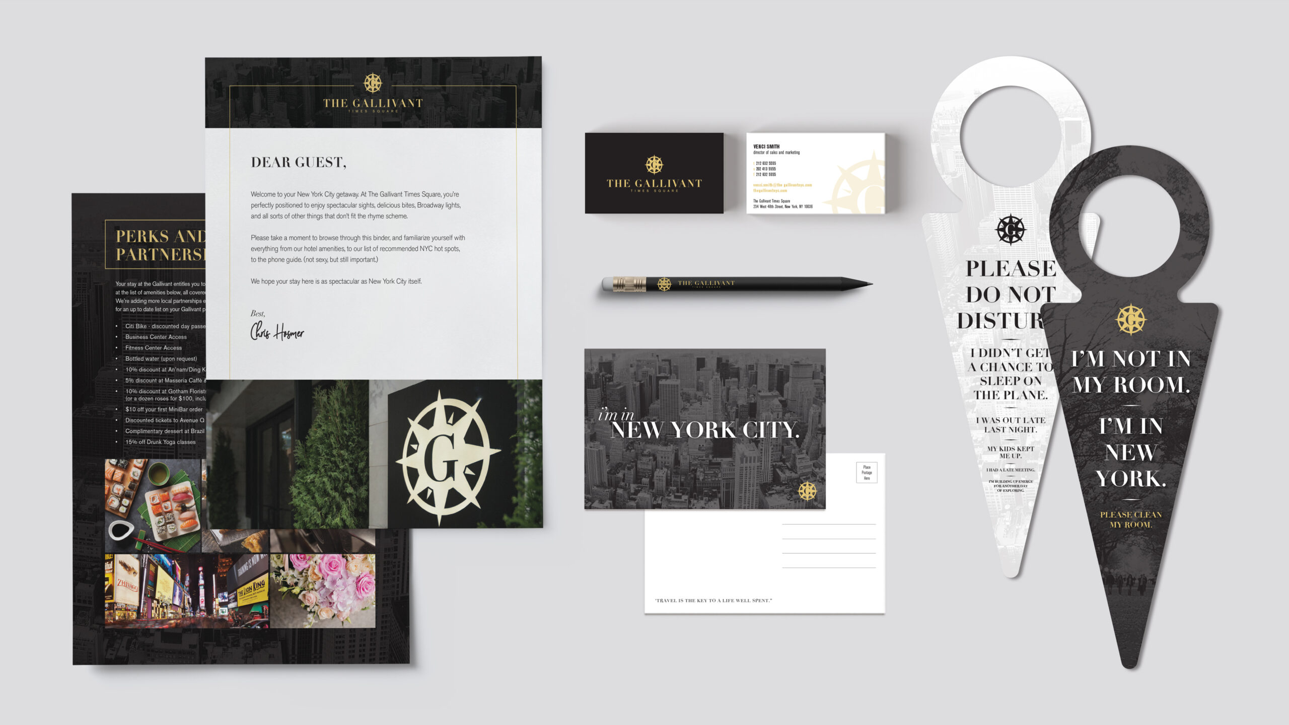 A hotel branding set for Gallivant Times Square featuring Braintrust-designed letterhead, cards, brochure, pen, and door hangers in sleek black, white, and gold.