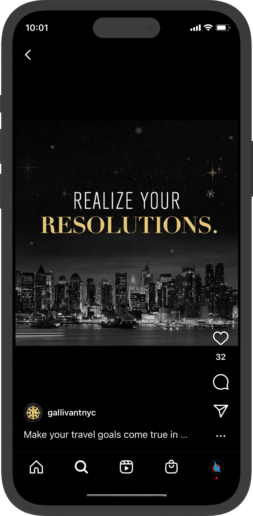 Black and white city skyline at night with the text REALIZE YOUR RESOLUTIONS. in bold letters—brought to you by Braintrust + Gallivant Times Square.
