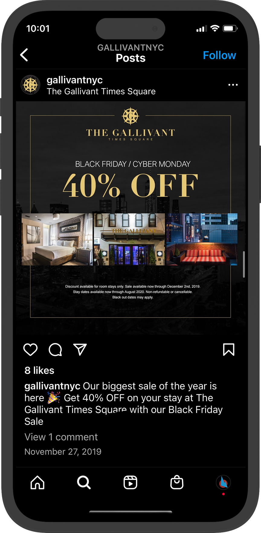 Instagram post featuring The Gallivant Times Square hotel ad: Braintrust exclusive Black Friday/Cyber Monday deal—40% OFF! Swipe through stunning images of rooms and book your Gallivant Times Square stay before the offer ends!.
