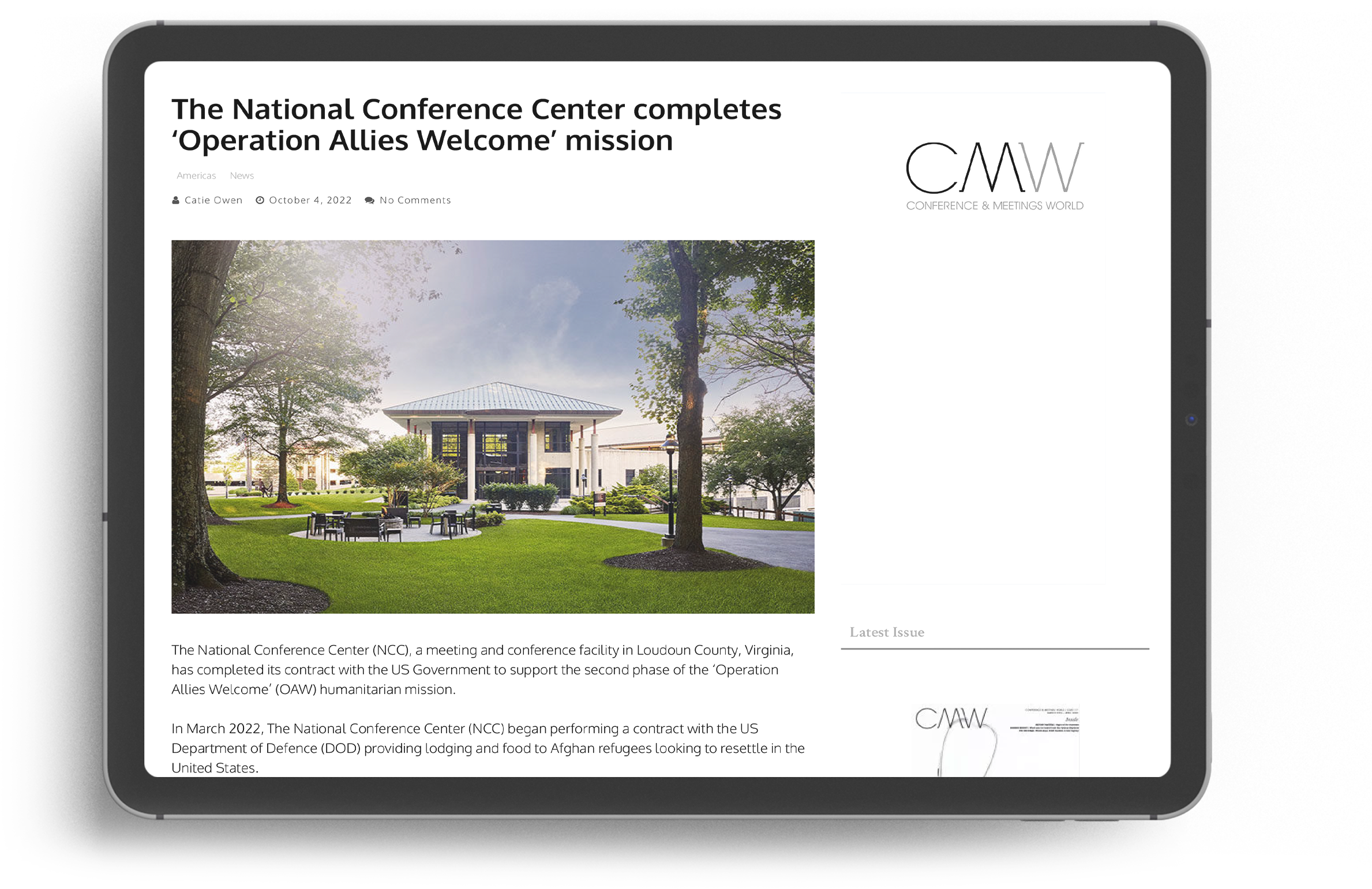 A tablet displays an article about the Braintrust at the National Conference Center completing Operation Allies Welcome.