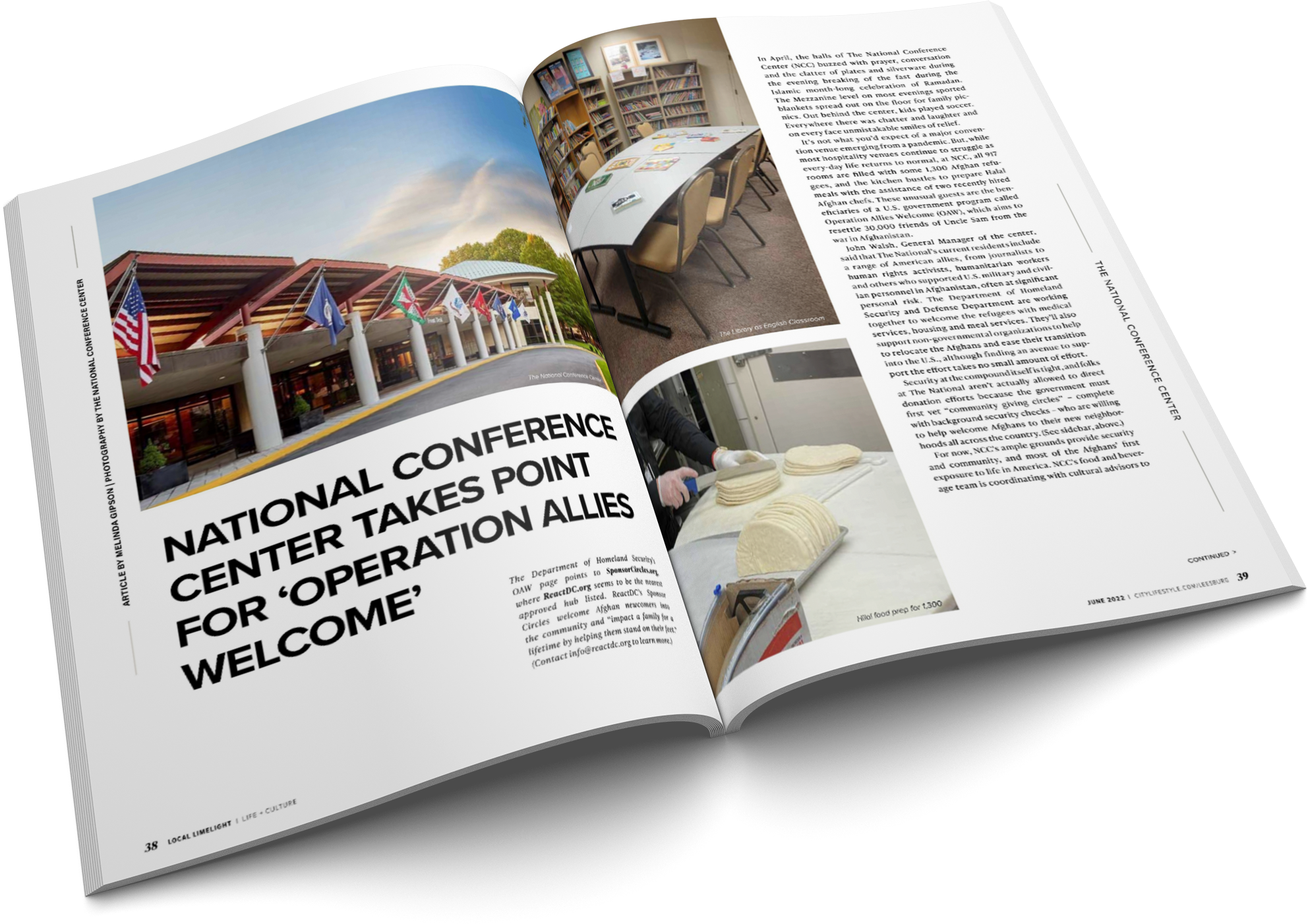 Open magazine showing an article about the National Conference Center, featuring Braintrust insights alongside photos of the building, a meeting room, and bagels.