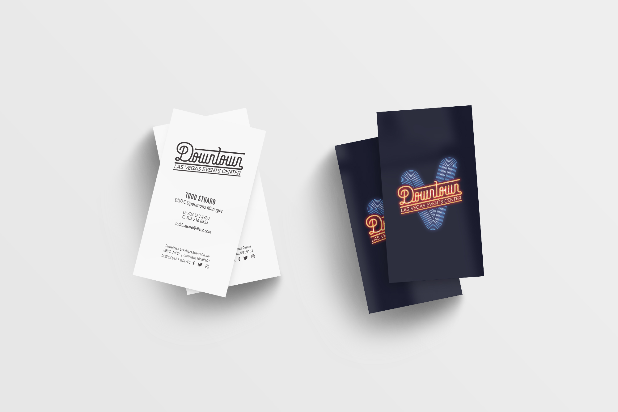 Two stacks of business cards, one with a white front and one with a dark blue front, both featuring a retro Braintrust + DLVEC logo design.