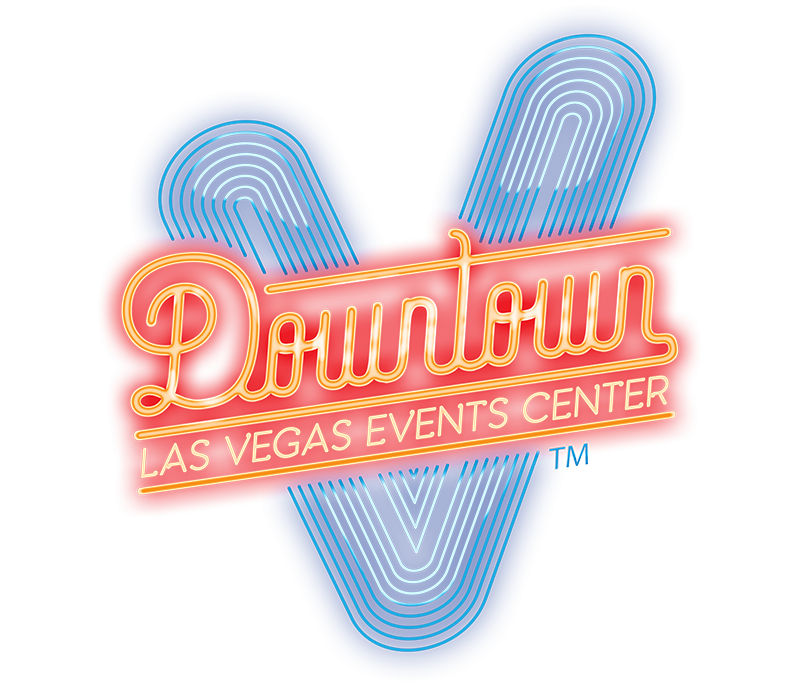 Logo for Downtown Las Vegas Events Center featuring Braintrust and DLVEC in neon-style text on a vibrant red and blue background.