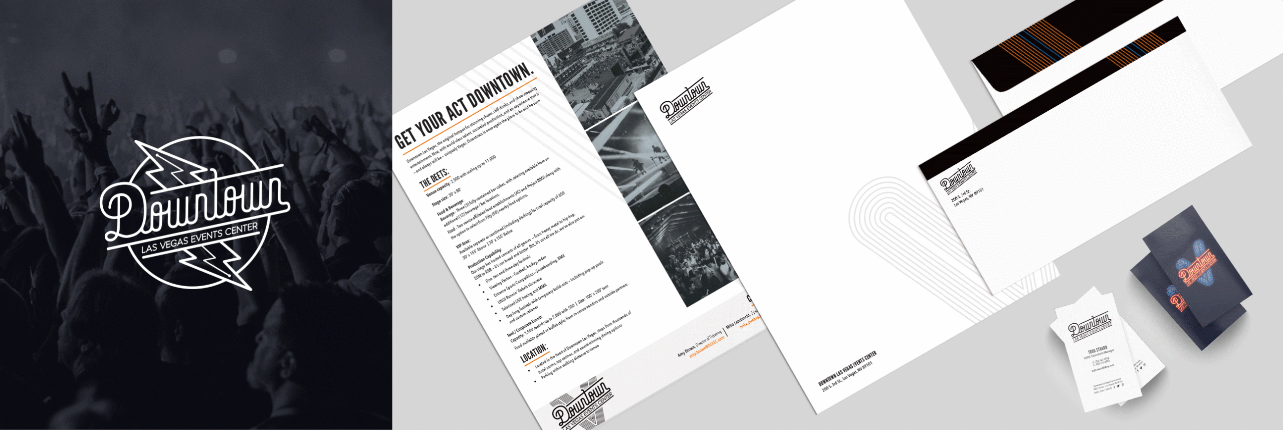 Branded stationery and marketing materials for Downtown Las Vegas Event Center, designed by Braintrust + DLVEC, displayed on a light surface.