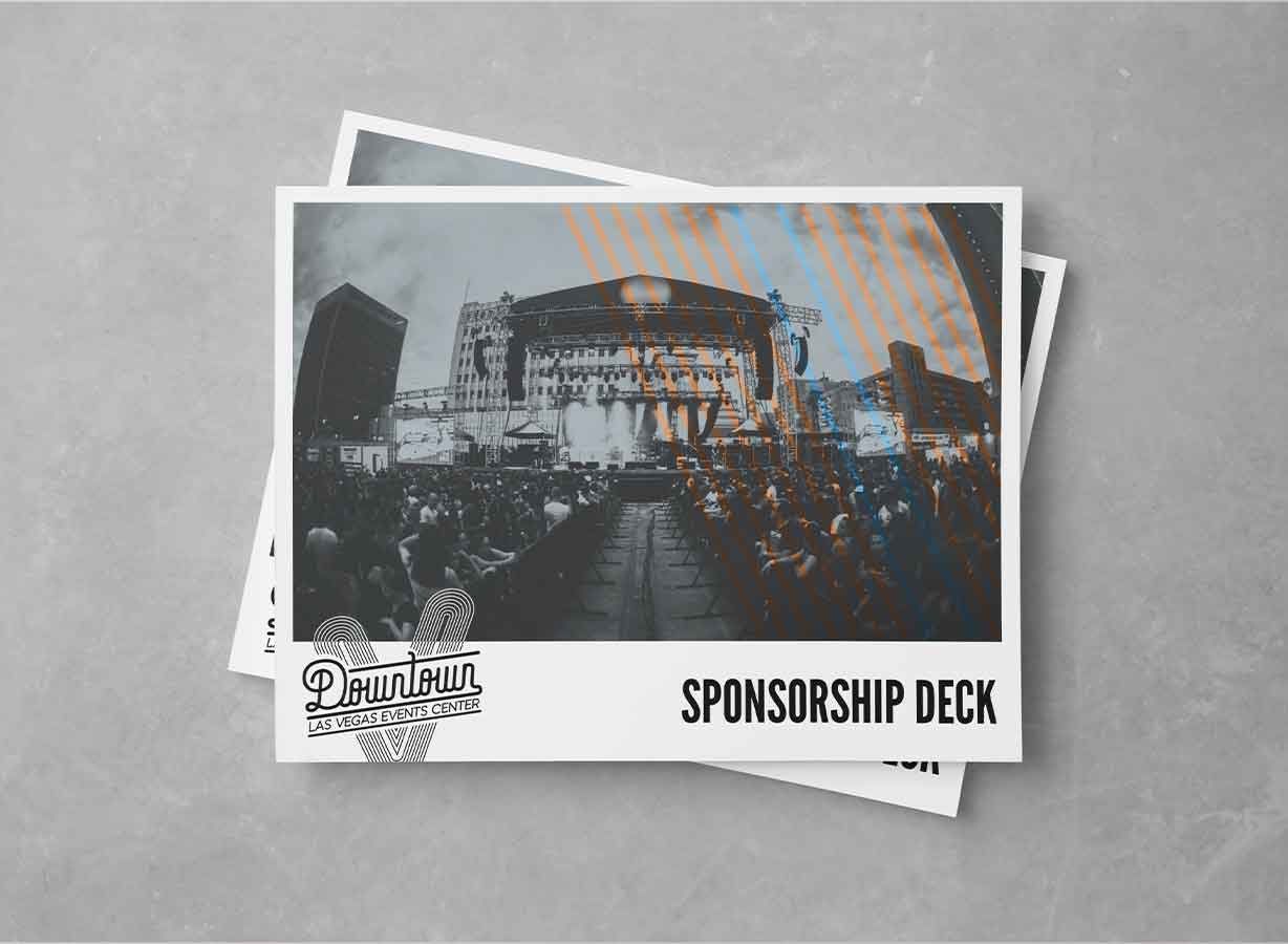 A brochure cover labeled Sponsorship Deck featuring a vibrant concert stage and crowd at the Downtown Las Vegas Events Center, highlighting the Braintrust + DLVEC partnership.