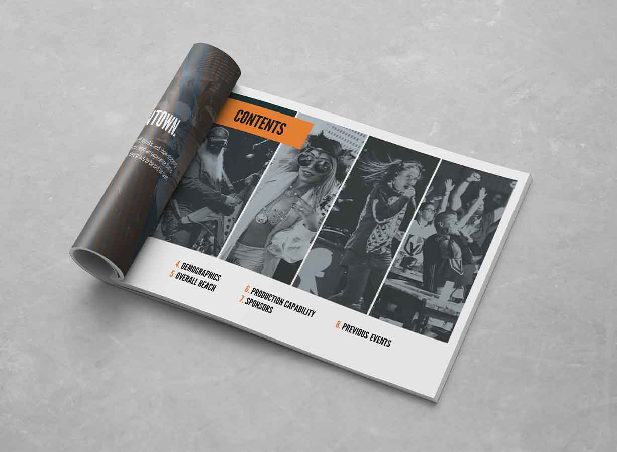 Open magazine with a contents page showing photos of performers and four orange section titles on a gray background, featuring highlights from the Braintrust event at DLVEC.