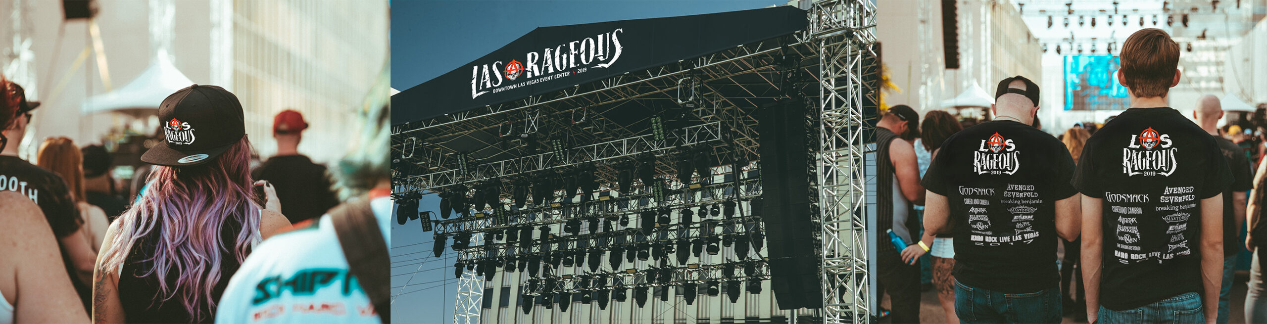 A crowd wearing Las Rageous shirts gathers at DLVEC for an outdoor music festival, with the Braintrust buzzing near the main stage.