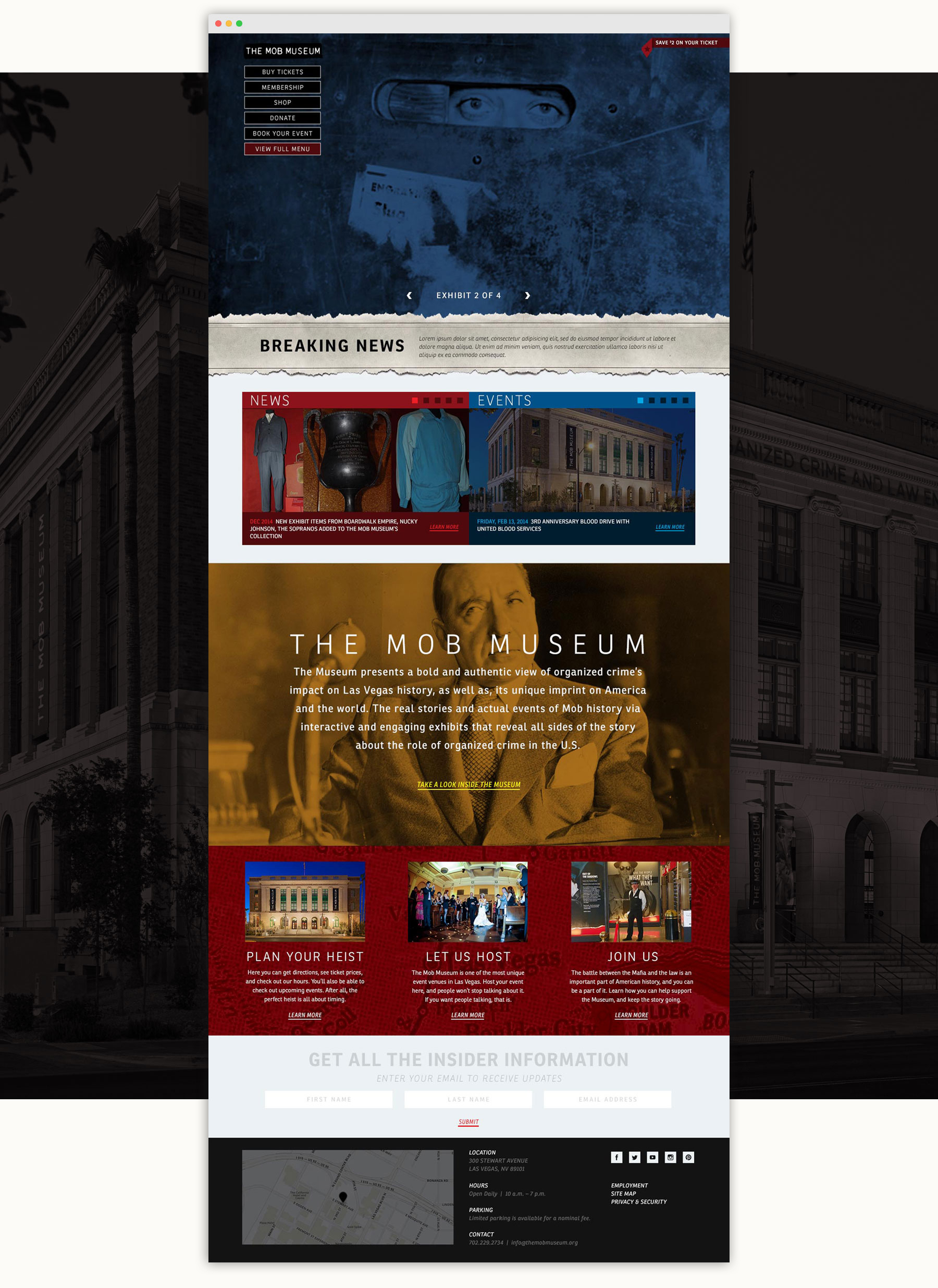 Screenshot of The Mob Museum website featuring news, events, and information on exhibits and visitor planning.