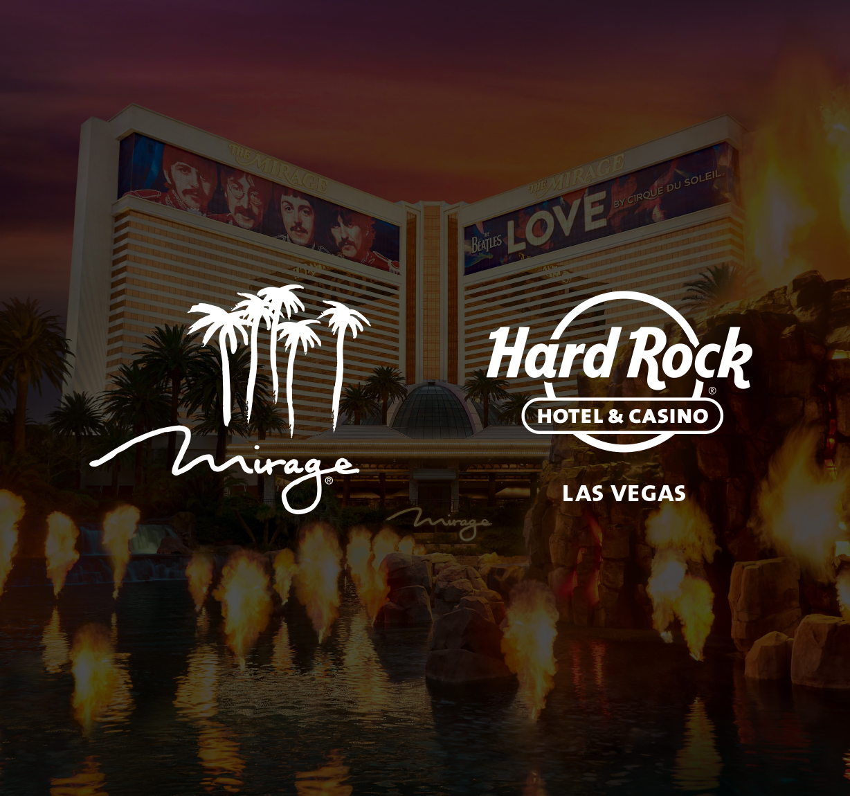 The Mirage hotel with palm trees, Braintrust at the National Conference Center signage, Hard Rock Hotel & Casino Las Vegas logo, and fire bursts in front.