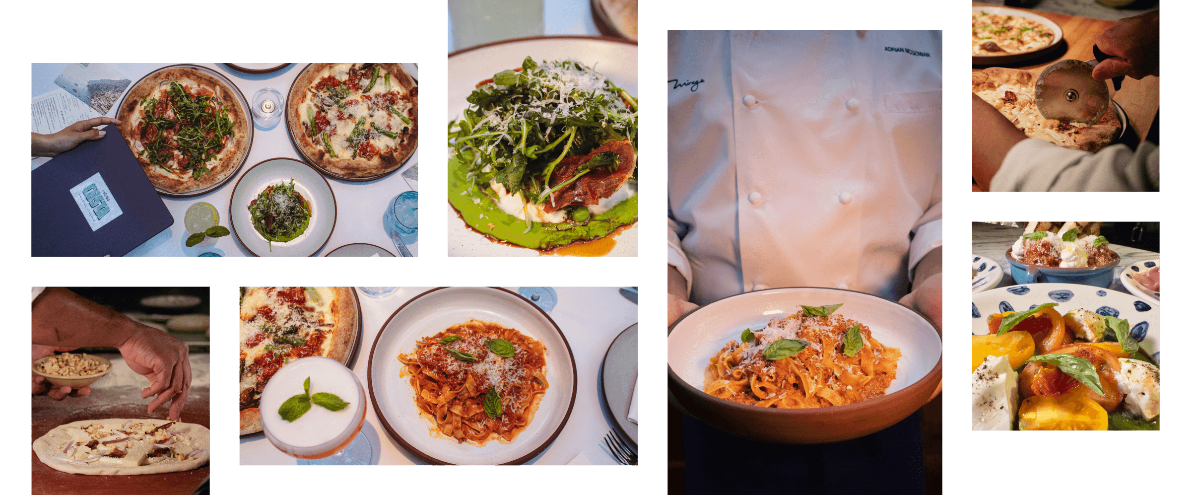 Collage of Italian dishes including pizza, pasta, salad, and a chef preparing and serving food at the Braintrust National Conference Center.