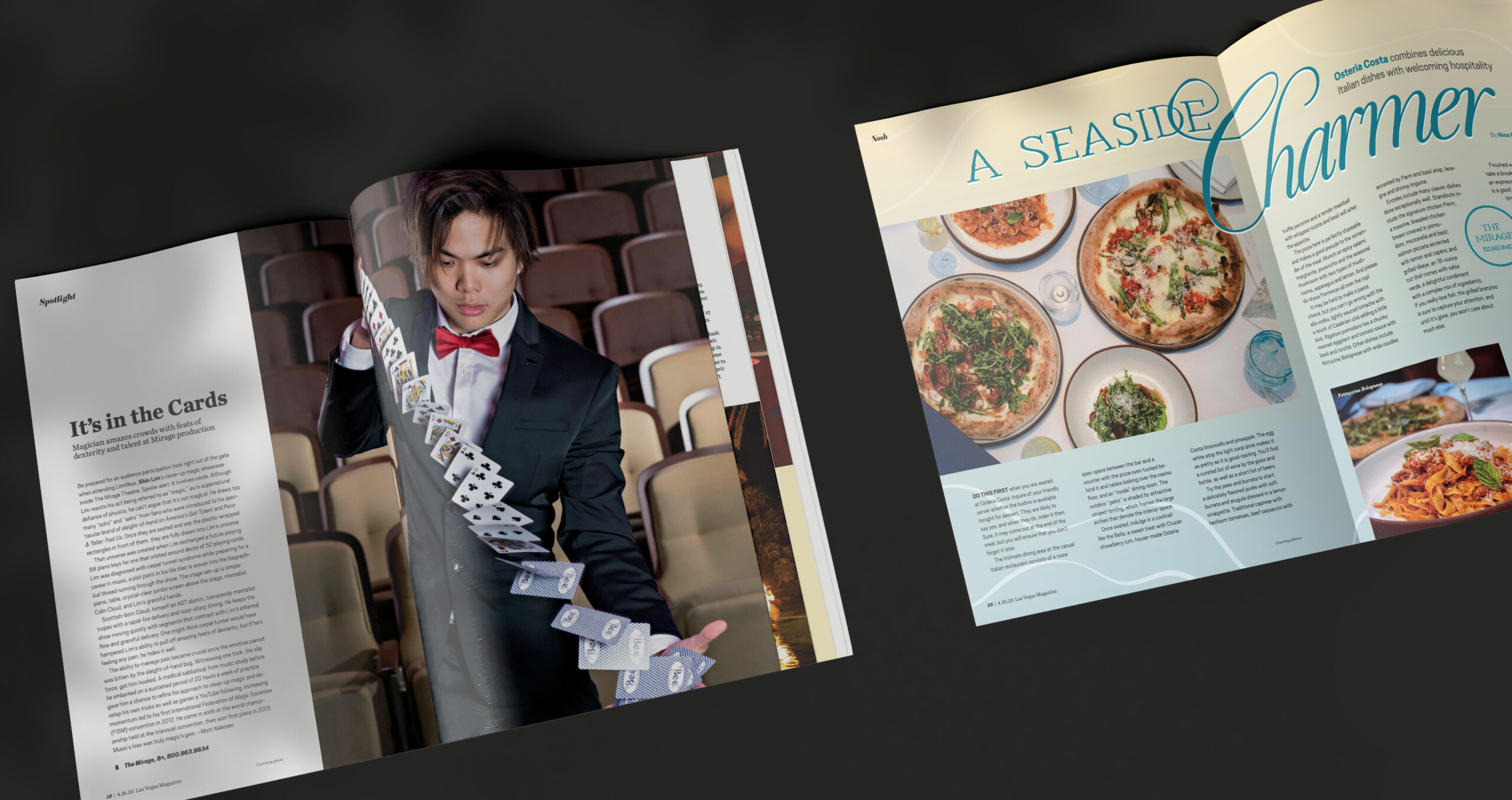 Two open magazines: one features a magician with cards, while the other, from the Braintrust at National Conference Center, displays pizza dishes and an article titled A Seaside Charmer.