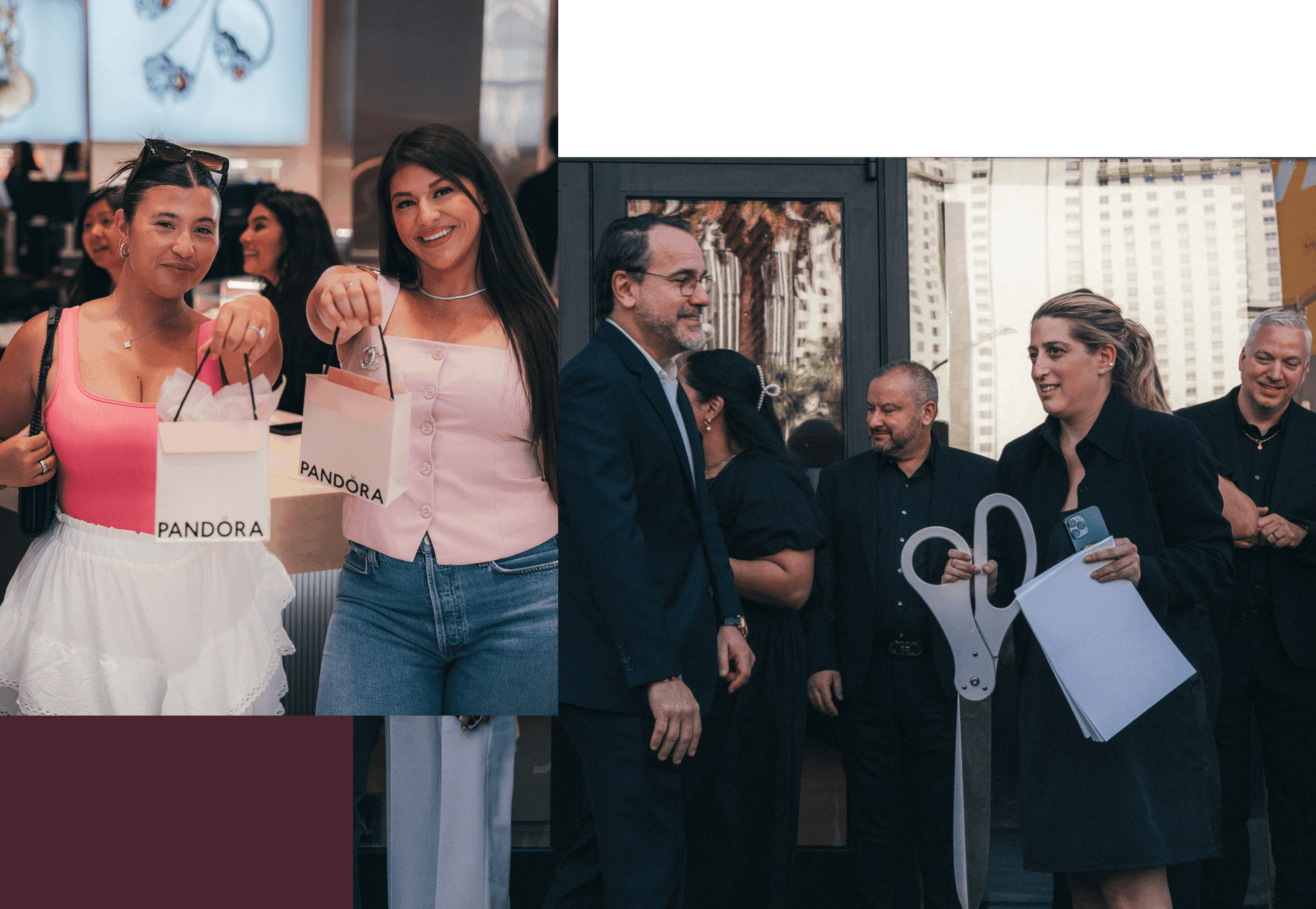 Two women hold Pandora shopping bags; a ribbon-cutting ceremony takes place in the background.