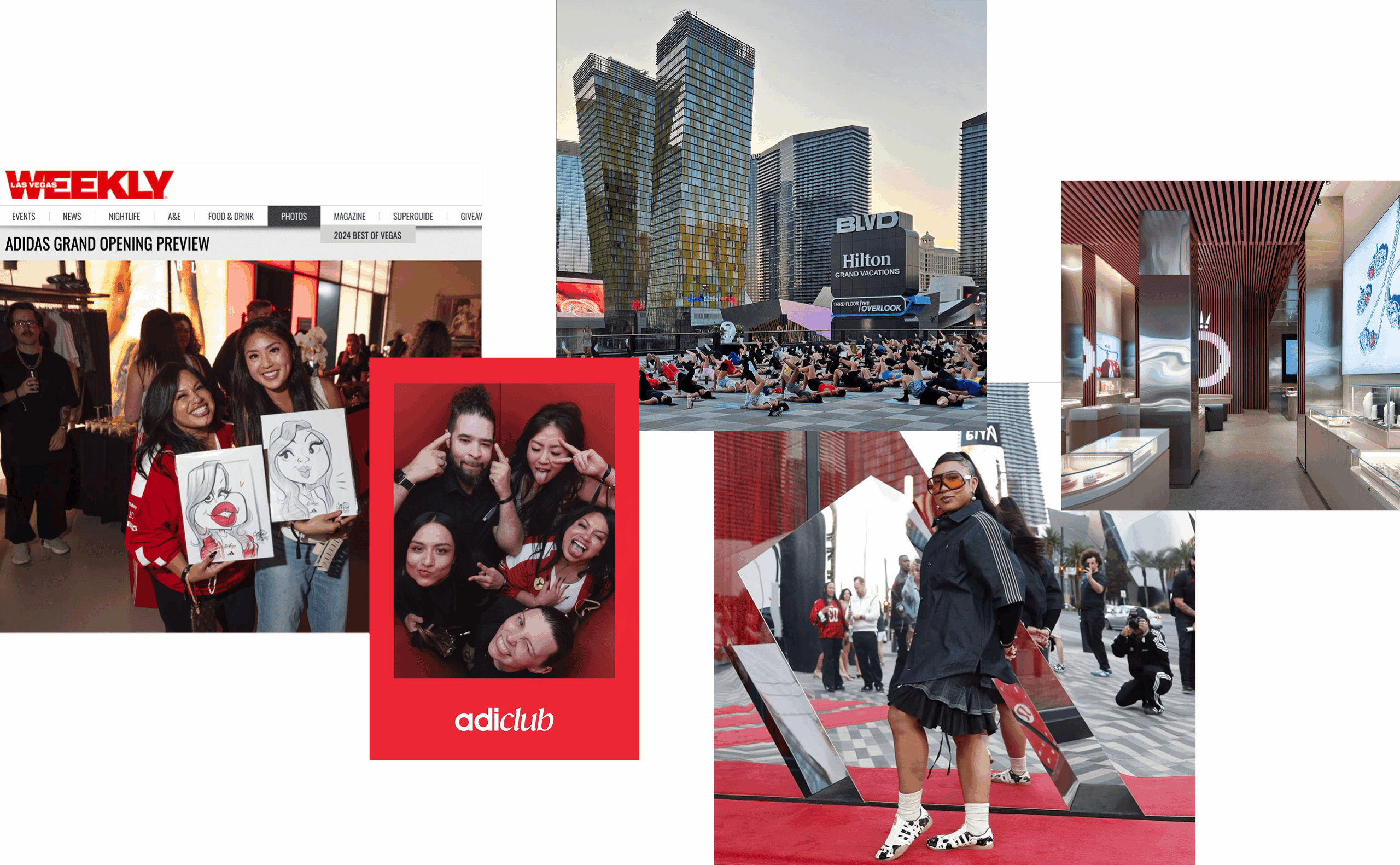Collage of an Adidas grand opening event with people, city scenes, drawings, and a branded photo booth.
