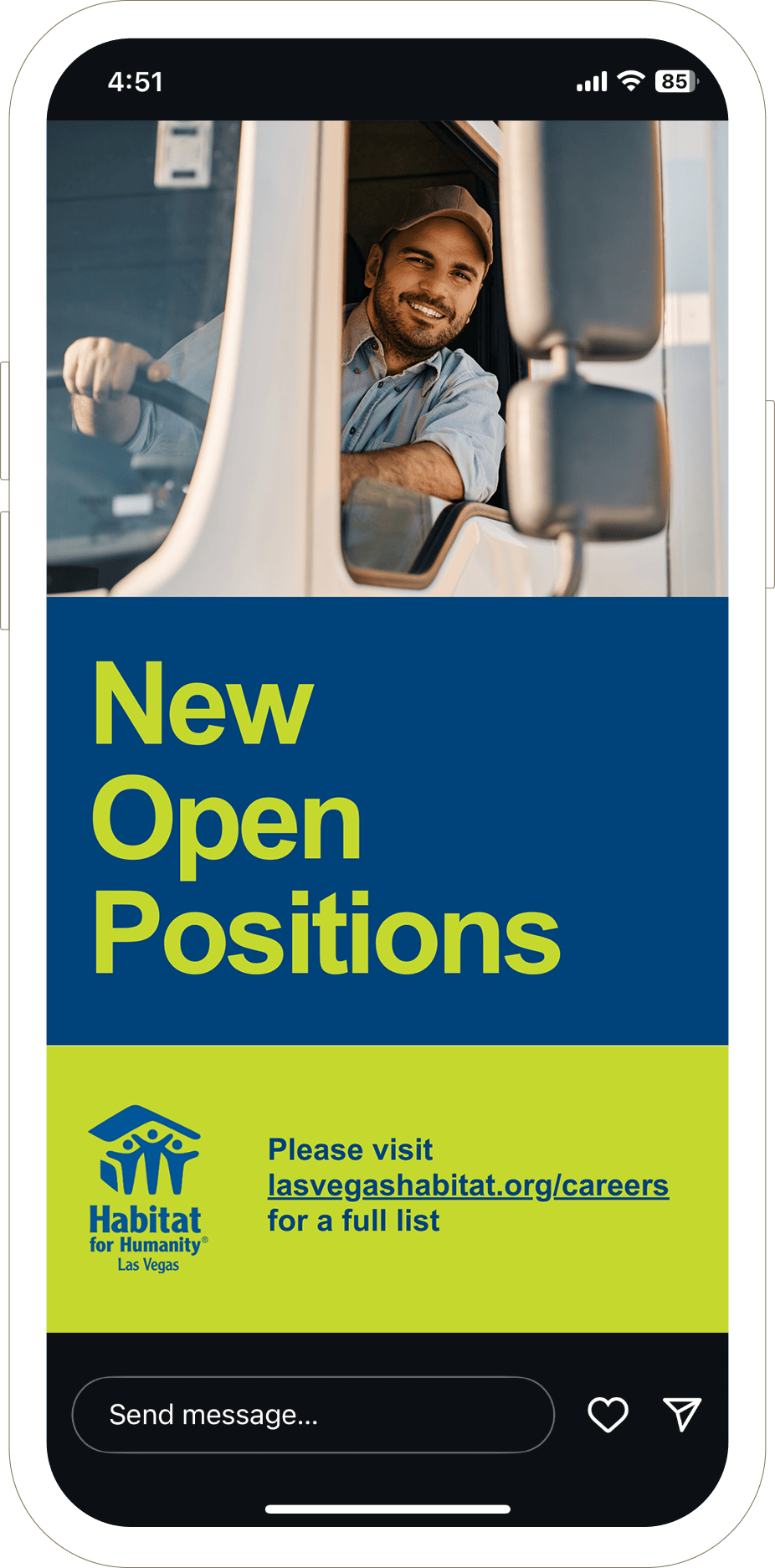 Smiling man in a truck cab above text: New Open Positions. lasvegashabitat.org/careers.