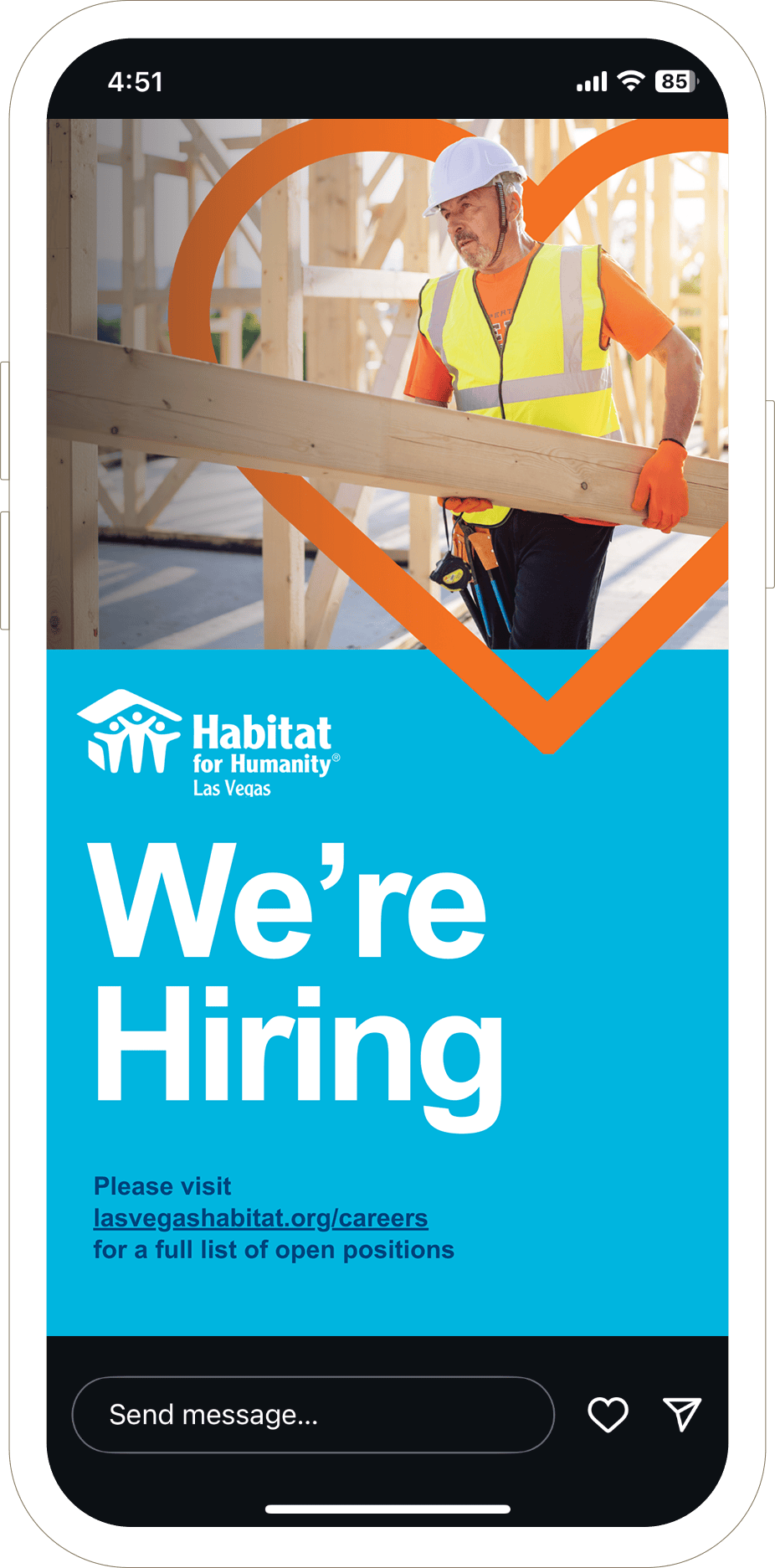 Construction worker in safety gear stands on site; text reads “We’re Hiring” for Habitat for Humanity Las Vegas.