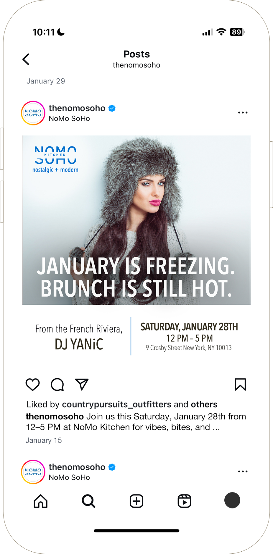 Woman in a fur hat with snowflakes; text reads January is freezing. Brunch is still hot. DJ Yanic Jan 28th.