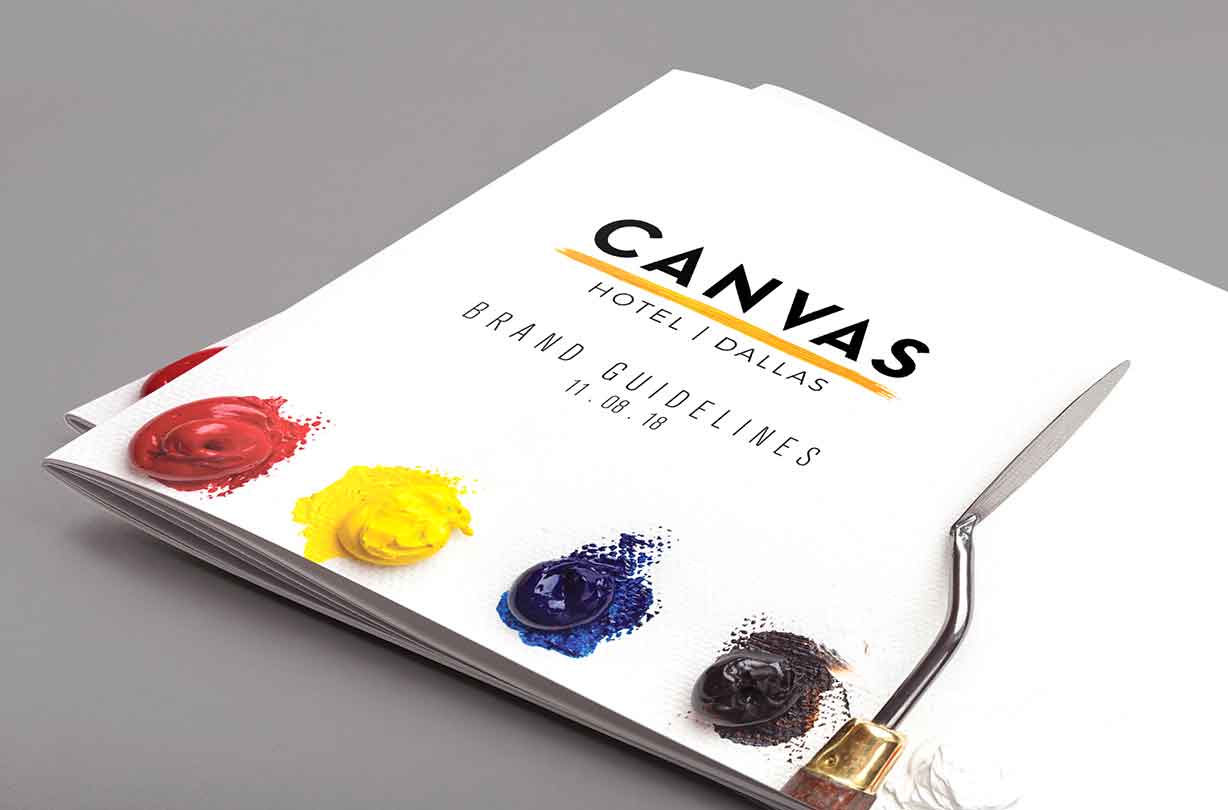 Brand guidelines booklet for Canvas Hotel Dallas with paint and palette knife on the cover.