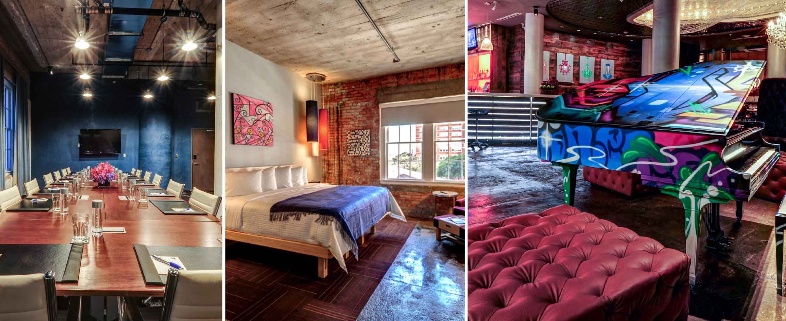 Three images: a modern conference room, a cozy bedroom, and a graffiti-covered grand piano in a lounge.