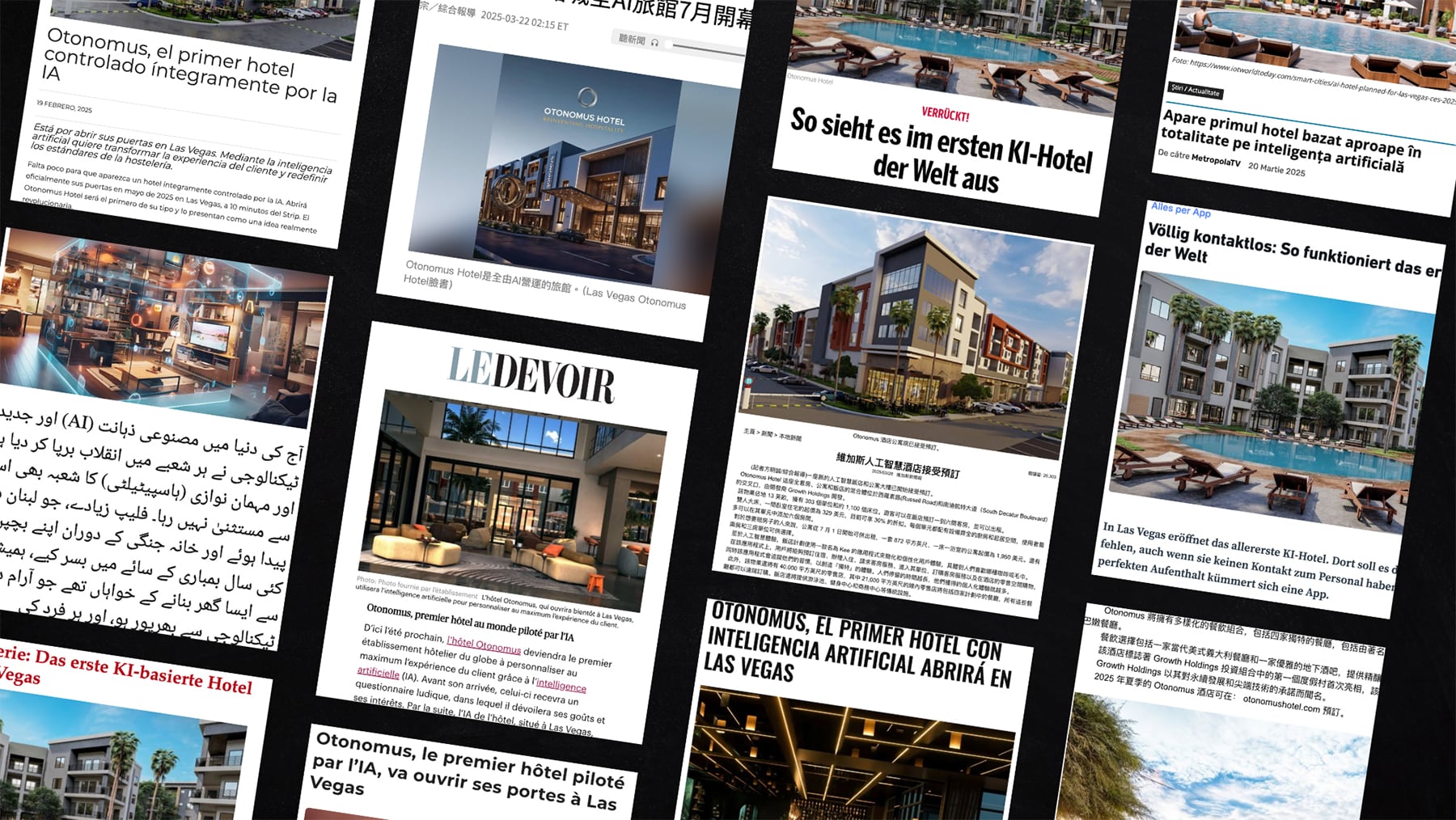 A collage of international news articles featuring images of a modern hotel and its amenities.