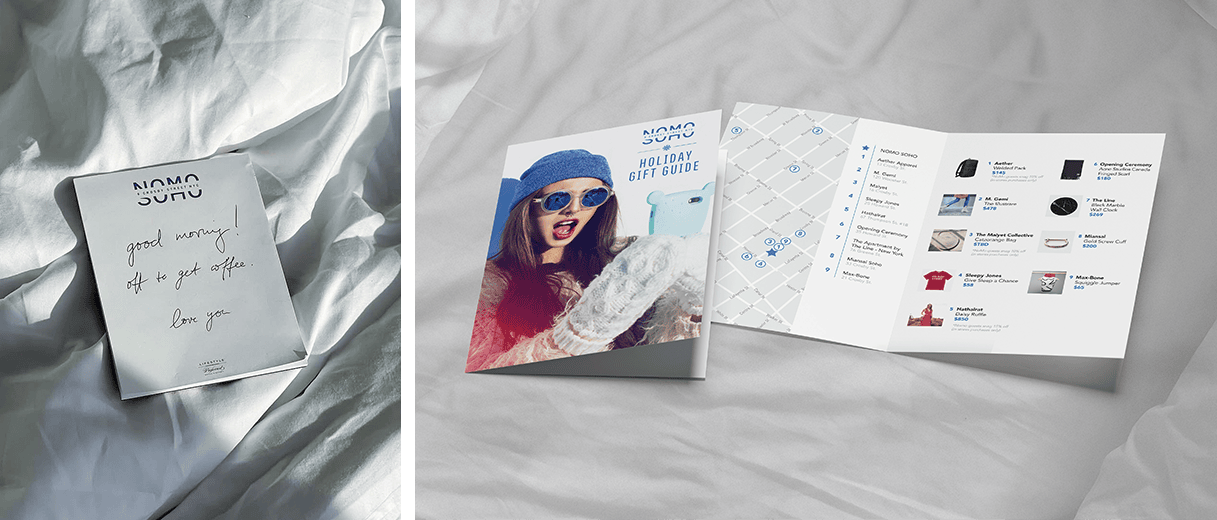 Open gift and holiday gift guide booklet on a white bed, featuring lists and a woman in winter clothing.