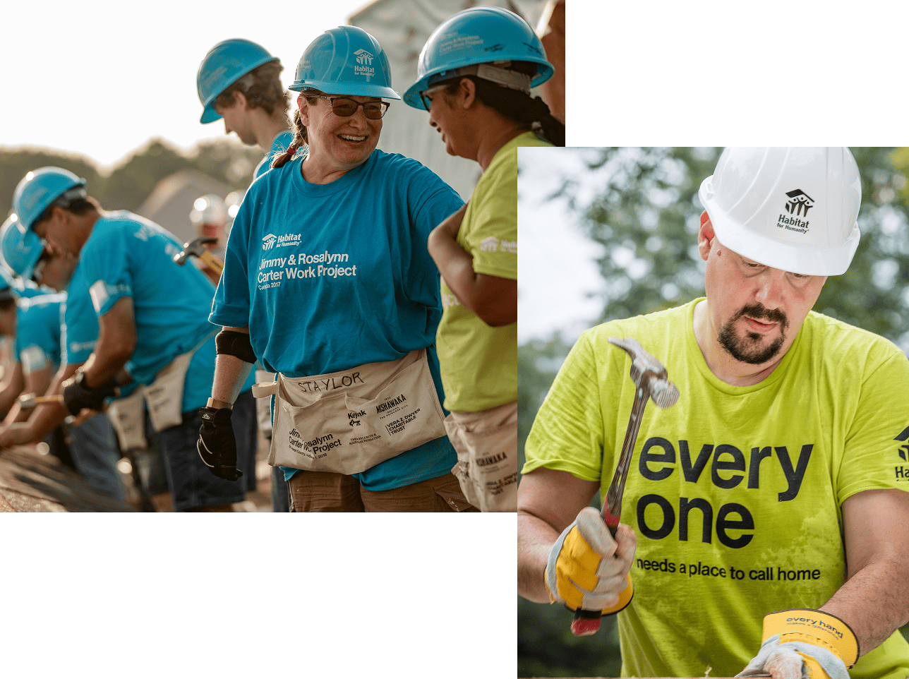 Volunteers in hard hats work together on a construction site, smiling and using tools.