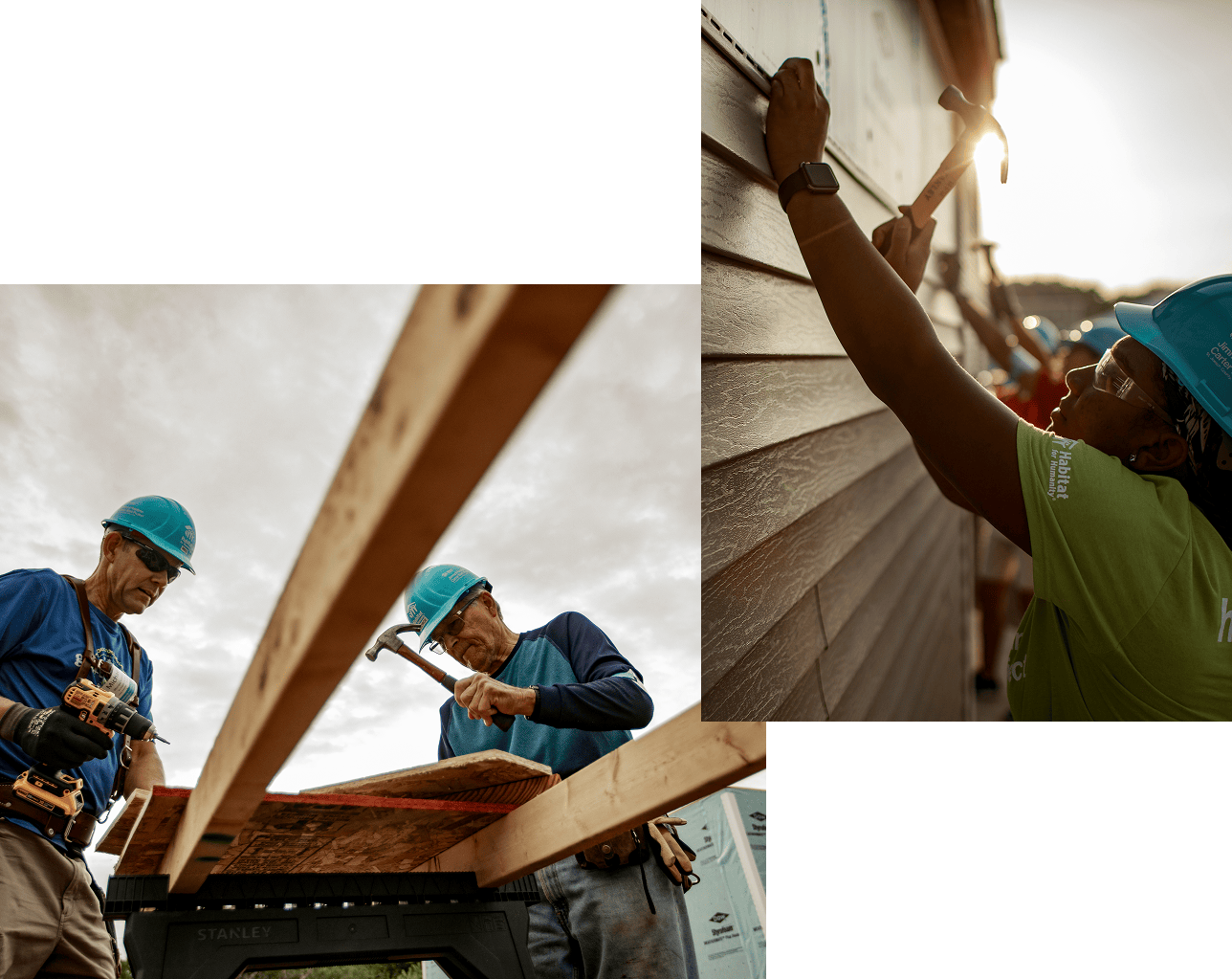 Two people in hard hats and safety glasses hammer wood; another person hammers siding onto a house in sunlight.