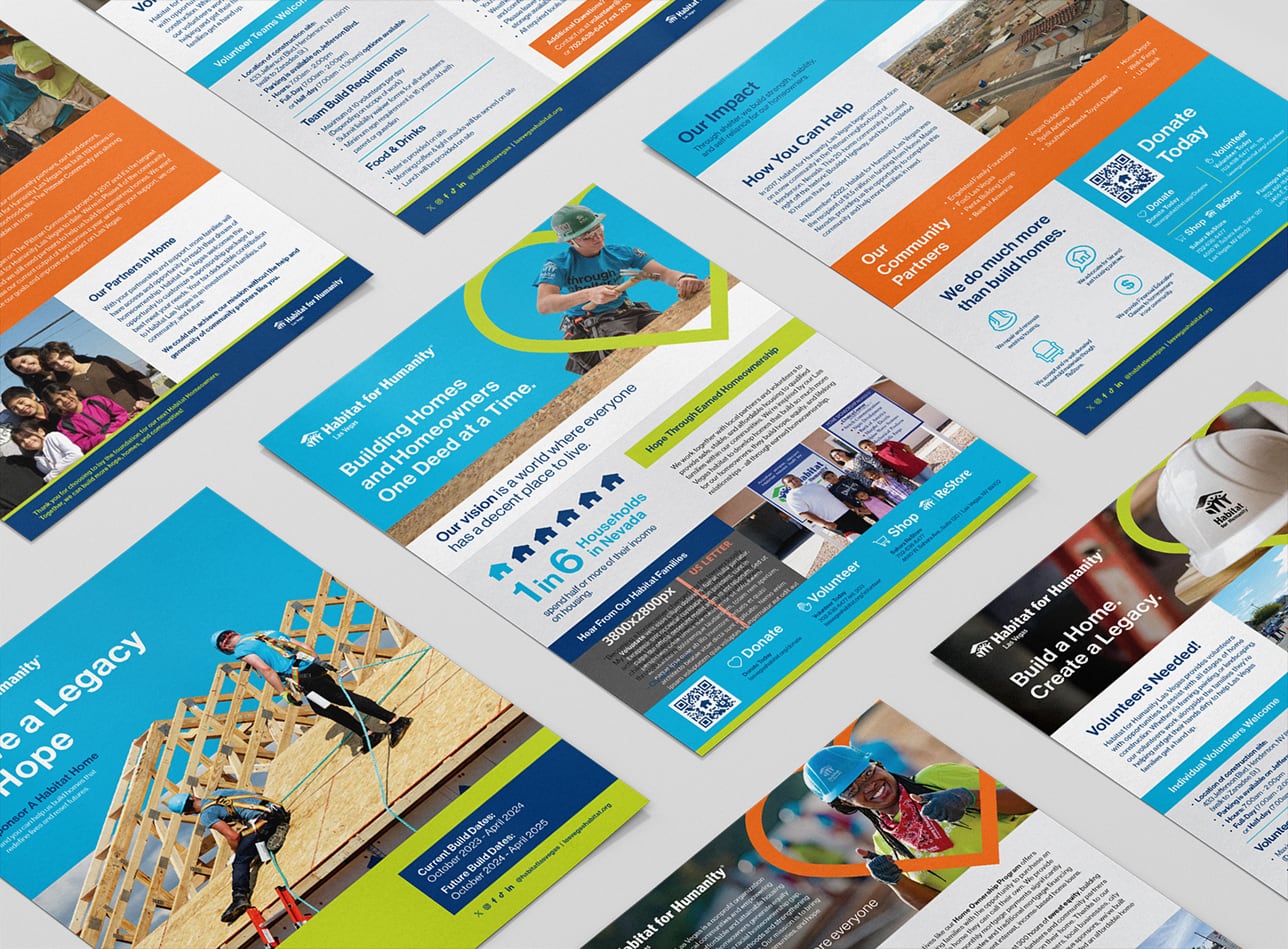 Flyers and brochures for a home-building charity, featuring photos of volunteers and construction scenes.