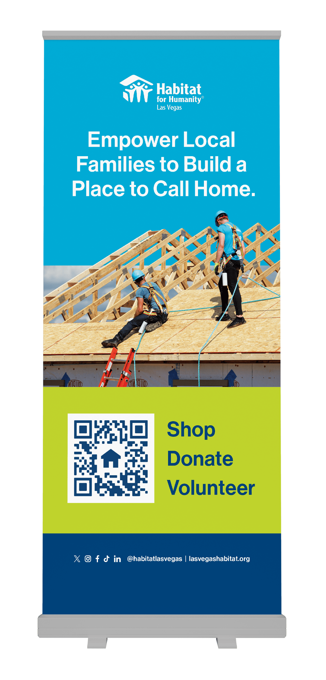 Banner with two people building a house roof; text: Empower Local Families to Build a Place to Call Home.