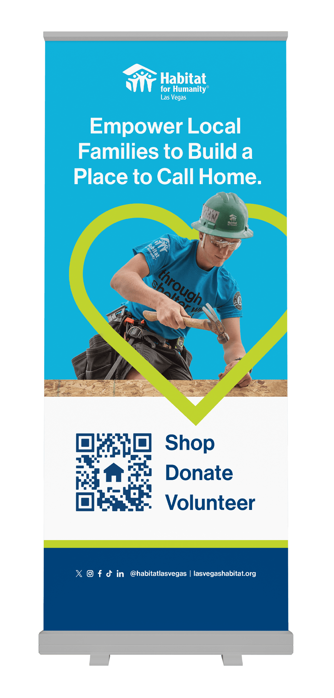 Habitat for Humanity banner: construction worker building, heart outline, QR code, and call to shop, donate, volunteer.