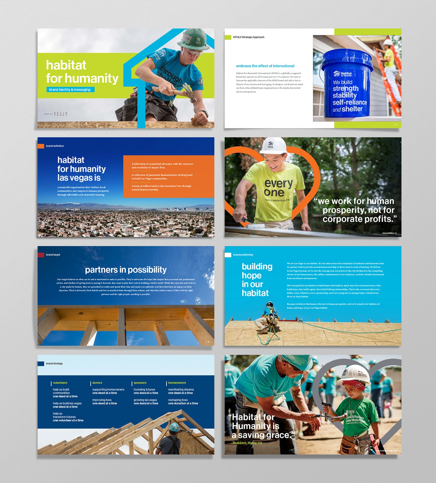 A Habitat for Humanity presentation with photos of volunteers building homes and key mission statements.