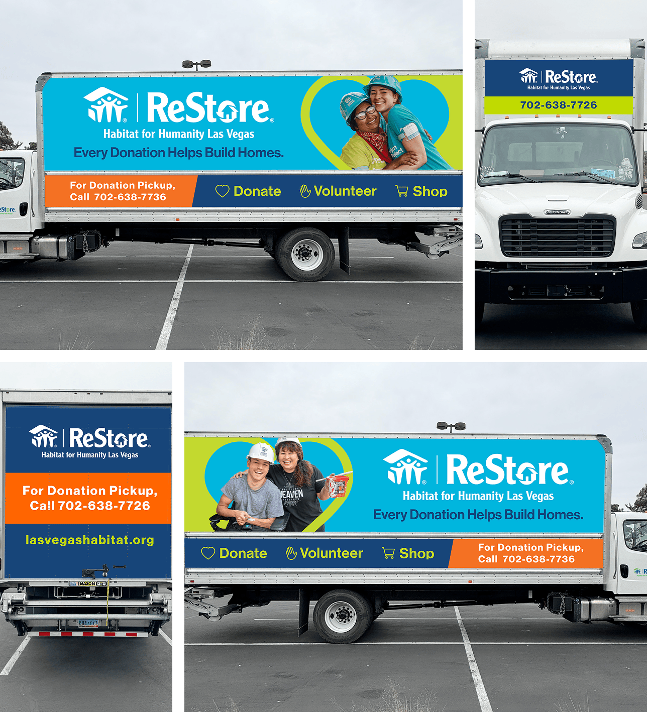 A Habitat for Humanity ReStore donation truck with photos, contact info, and call-to-action buttons on the side.