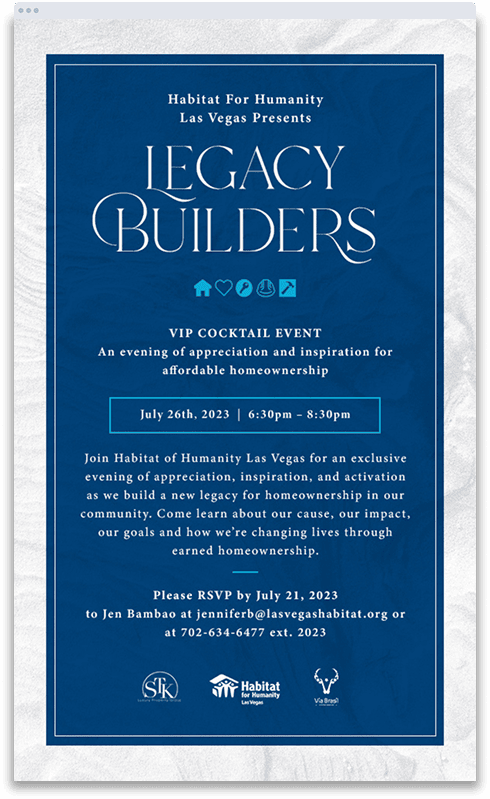 A flyer for Habitat for Humanitys Legacy Builders VIP cocktail event on July 26, 2023, in Las Vegas.