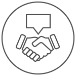 Outline of two hands shaking inside a circle with a speech bubble above them, symbolizing agreement or partnership—reflecting the spirit of collaboration at Braintrust Agency - About Us.