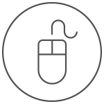 Simple black outline of a computer mouse inside a circle on a white background, representing innovation and connectivity—an emblematic design for Braintrust Agency - About Us.