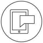 Line drawing of a tablet with a chat bubble, enclosed in a circle, representing Braintrust Agency - About Us.