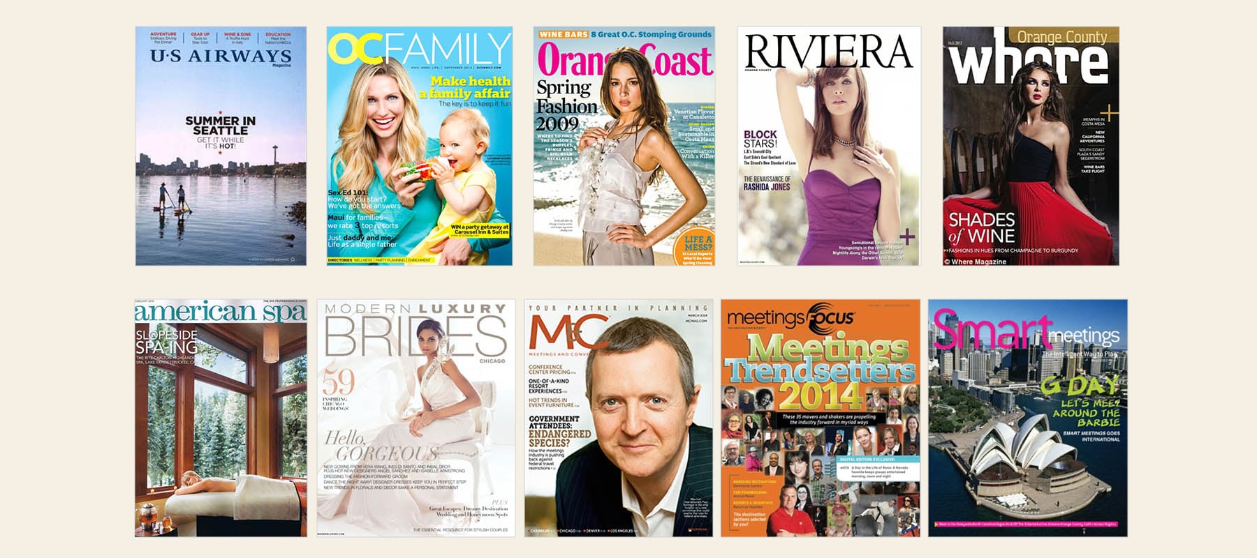 A collage of ten magazine covers featuring various topics, including travel, family, fashion, and business.