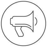 Simple line drawing of a megaphone inside a circle, representing an announcement or communication for the Braintrust Agency - About Us page.